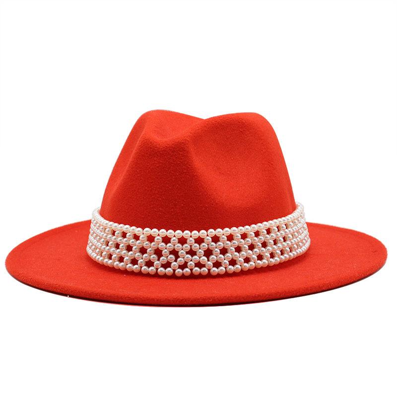 Ladies Hat Trendy British Style Versatile Jazz Hat High-End Pearl Woolen Top Hat