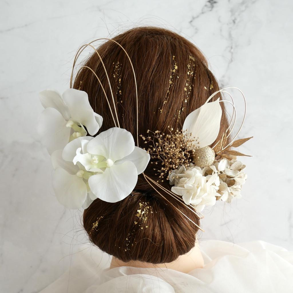 Ornament Specialty Shop Hair Ornament for and Japanese Dried Flowers with Gold Leaf and White Phalaenopsis [Hair Bria] Coming-of-Age Ceremonies,