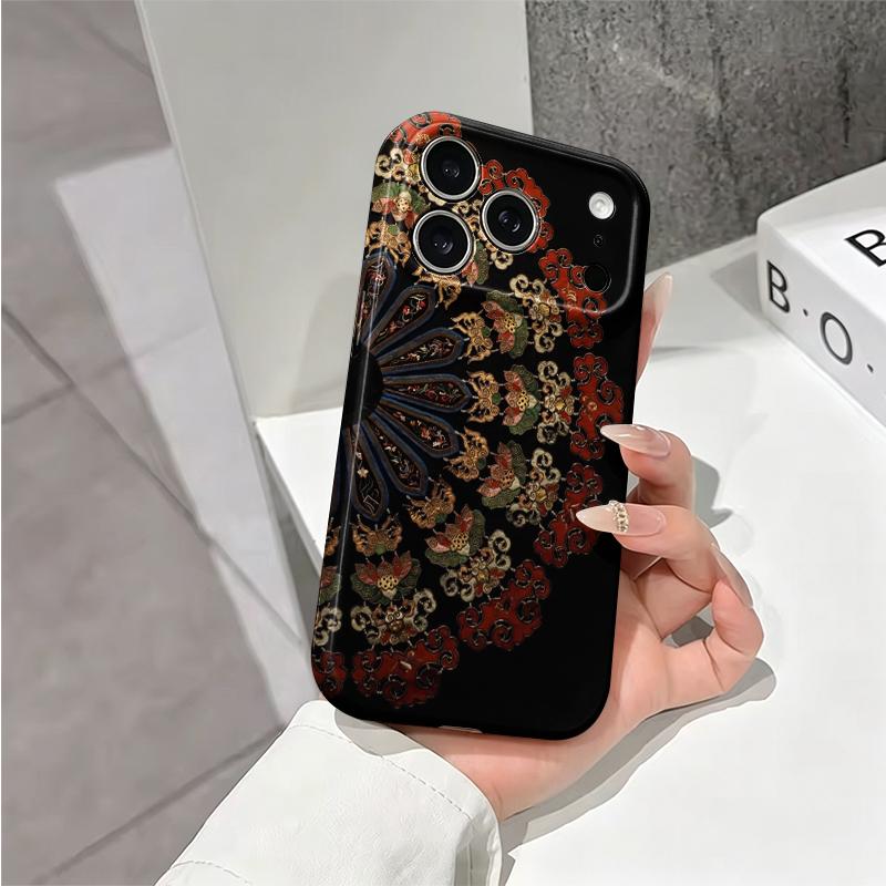Vintage Oriental Fan Motif Colorful Ethnic Pattern Art Film Aesthetic Protective Shockproof Bumper Case Cover For iPhone 14 15 16 Pro Max Plus