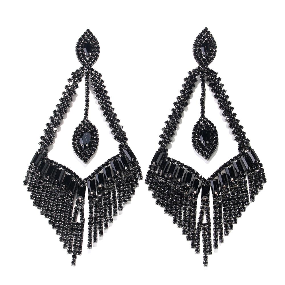 Black Large Geometric Rhinestone Dangle Earring for Women Statement Accessories Drop Crystal Tassel Earrings Party Jewelry