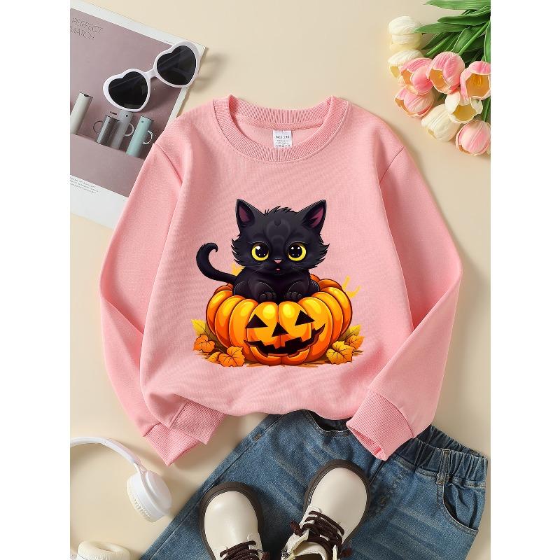 Kids Long‑Sleeve Crewneck Sweatshirt, Black Cat Pumpkin Halloween Print,Daily Casual Top for Spring & Autumn