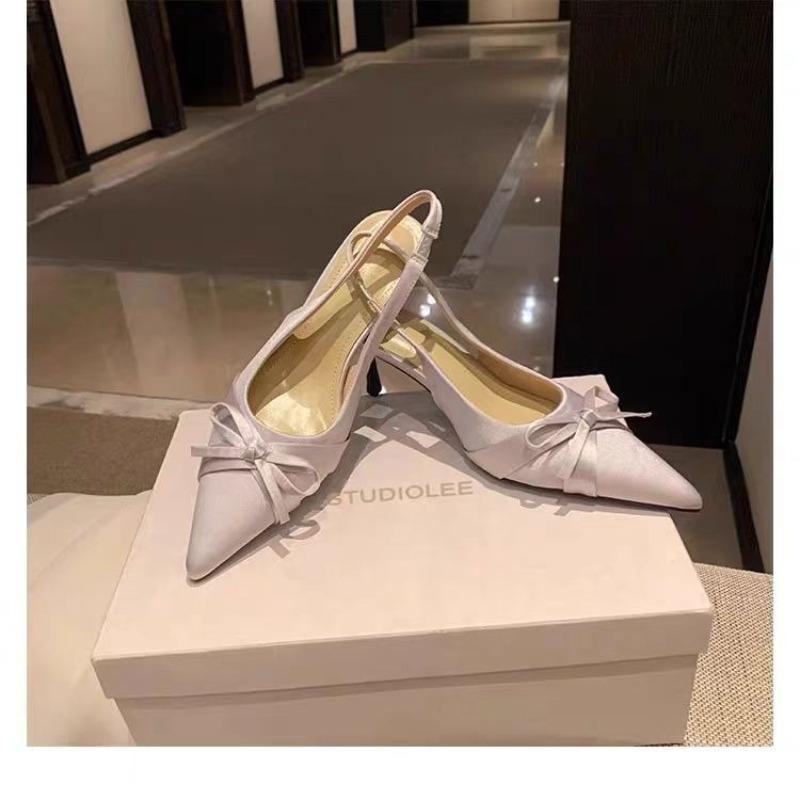 French Pointed Toe Platform Sandals Extend Leg Length 7cm Thin Heel Satin Bow Tie Versatile Backless Women's Summer Shoes
