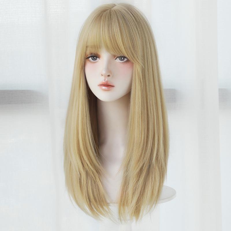 Straight Layered Blonde Wigs With Neat Bangs High Density Synthetic Natural Fake Hair Wig For Women Daily Cosplay Party Wigs