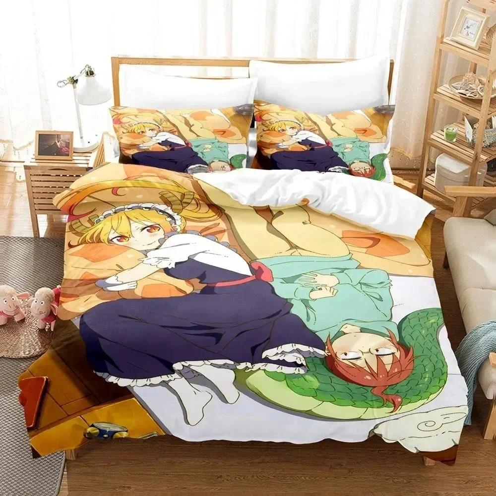 3D Kawaii Girl Miss Kobayashi's Dragon Maid Bedding Set Anime Three-piece Set Adult Kid Bedroom Duvet Cover Sets Home Textiles