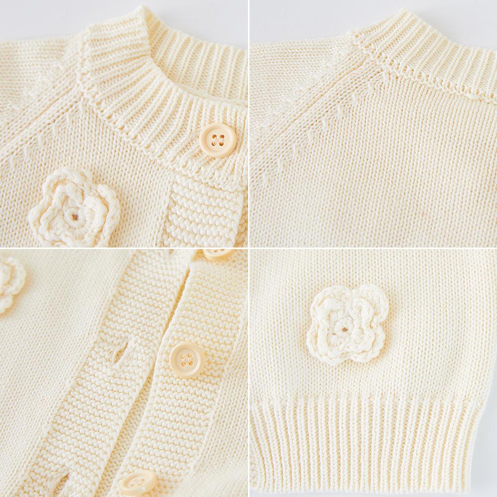 Spring and Autumn Round Neck Handmade Flower Children's Knitted Cardigan Long Sleeve Jacket Girls Baby Sweater