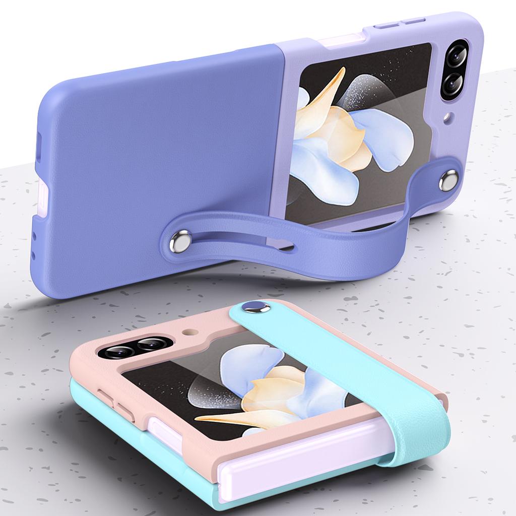 For Samsung Galaxy Z Flip6 5G/Z Flip5 5G PU+PC Case Dual Color Hand Strap Kickstand Phone Cover