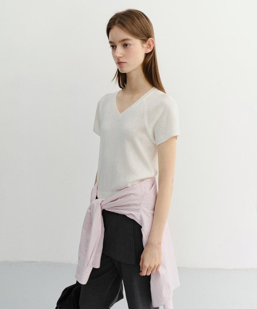 Deonseuteu Summer Linen V-Neck Knit_Udsw6B233_Ivory