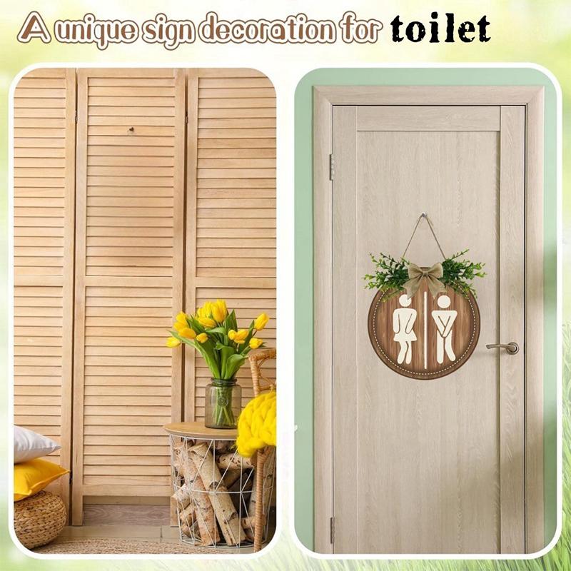 Unisex Funny Wooden Sign Hanging Rustic Wreath Round Board Sign Toilet Sign Wall Decor