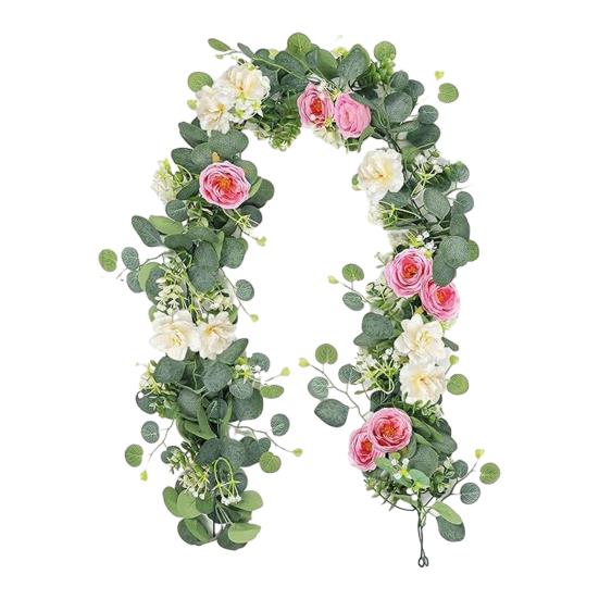 Artificial Eucalyptus Flower Garland with Rose Faux Floral Greenery Garland Fake Rose Flower Vine for Wedding Party Wall Backdrop Decor