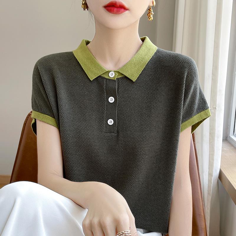 Women's Tencel Colorblock Polo Collar Short-Sleeve Contrast T-Shirt – Stylish, Loose, Age-Reducing Summer Top