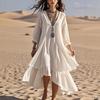 Damen V-Ausschnitt Dreiviertelarm Einfarbig Weiß Maxikleid Hohe Taille Rüschensaum Fließendes Boho-Kleid