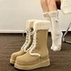 Fashion Shoes for Women 2024 Fashion Lace Up Women's Boots Winter Round Toe Plush Fleece for Warmth Solid High Tube Platform Boots