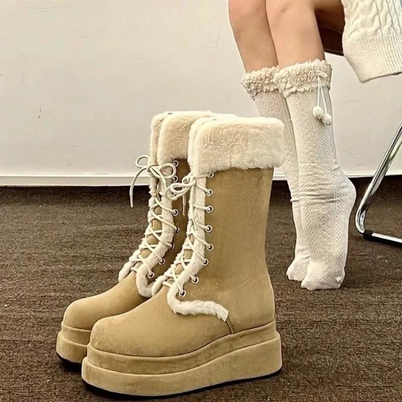 Fashion Shoes for Women 2024 Fashion Lace Up Women's Boots Winter Round Toe Plush Fleece for Warmth Solid High Tube Platform Boots