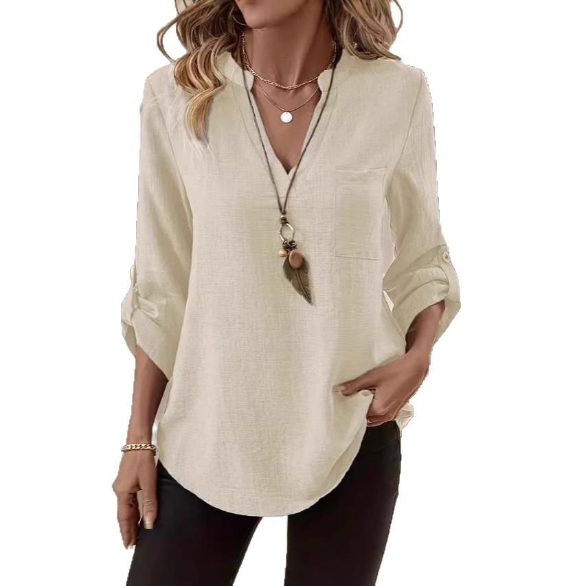 Fashion Shirt Women's Casual Top Loose Large Size V-Neck Solid Color Shirt