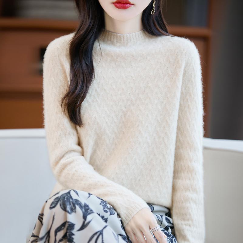 Women's 100% Pure Wool Wheat Ear Pattern Base Layer Top - Plus Size, Stylish Autumn/Winter 2025 Sweater