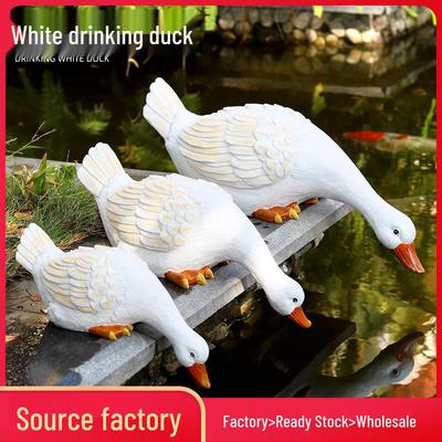 White Duck Pond Decoration with Fish - Resin Garden Ornament