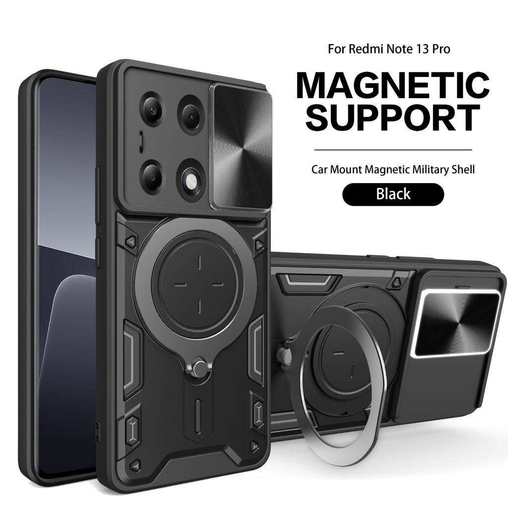 Shockproof Magnetic Case for Redmi Note 13 Pro Plus 5G 4G 13C POCO X6 Pro 5G M6 Pro4G Slide Camera Lens Ring Stand Protect Cover