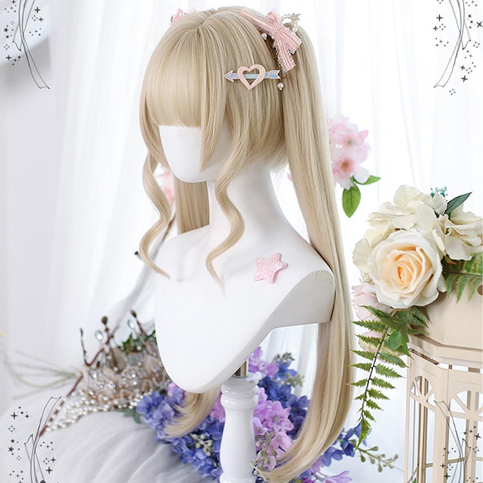 Long Straight Hair Double Ponytail Synthetic Wig Female Straight Bangs Lolita Cosplay Festival Straight Hair Double Ponytail Wig