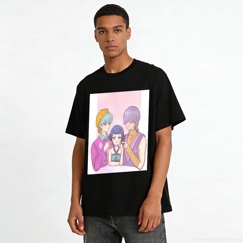 Japanisches Anime-Trio Print Lässiges Oberteil Trendiger Cartoon-Stil Locker Unisex Tägliches T-Shirt Reines Baumwoll-T-Shirt