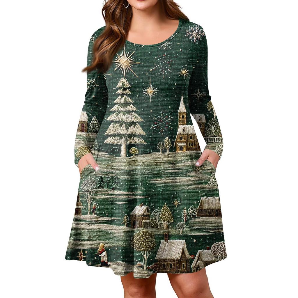 Dámské ležérní šaty s gradientním potiskem, kapsou, kulatým výstřihem a dlouhým rukávem ve větších velikostech na jaro/podzim