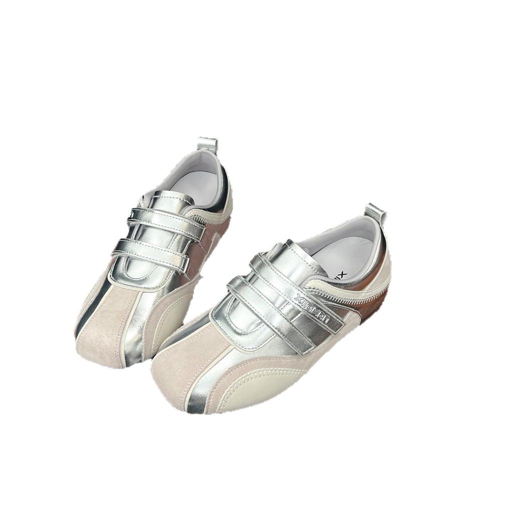 Ballet Style Retro Silver Soft-soled Single Shoes Women's 2025 Autumn New Flat-bottomed Velcro Round Head Lazy Casual Shoes