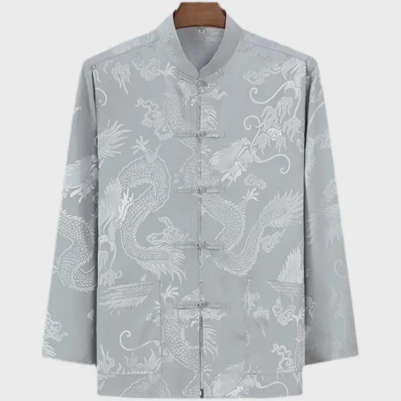 Ice Silk Tang Suit Long-Sleeved Shirt: Men's Chinese-Style Spring/Autumn Dress for Middle-Aged and Elderly