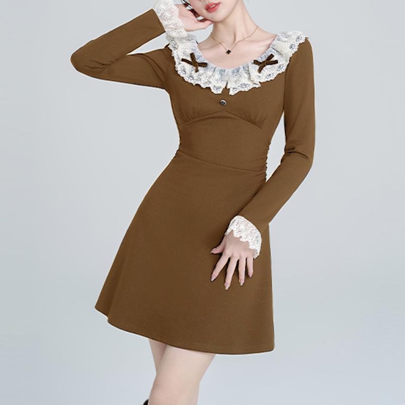 VONDA Women Autumn Lace Round Neck Long Sleeve Dresses