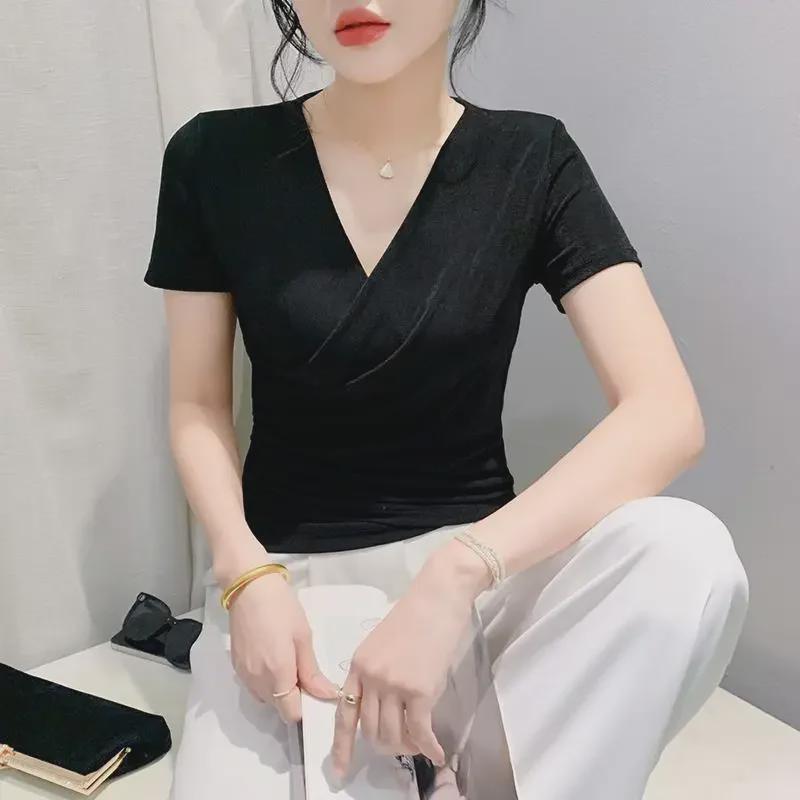 2024 Sommer V-Ausschnitt Slim Kurzarm Mesh T-Shirt Pullover für Damen