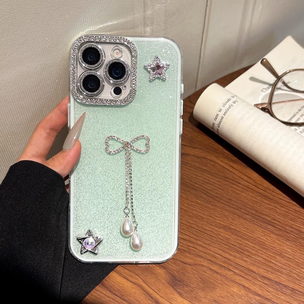 Luxury Shinny Diamond Star Glitter Bow Case for iPhone 16 Pro Max 15 13 14 Plus 12 11 Pro Max Cute Shimmering Protective Cover