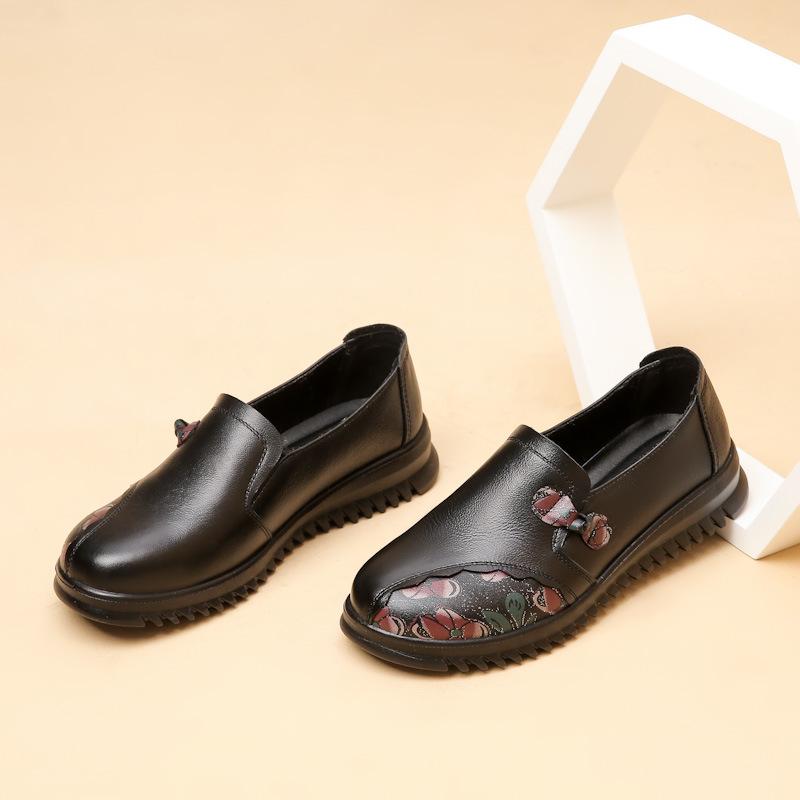 Women's Spring and Autumn PU Leather Soft Soled Single Shoes for Middle-aged and Elderly People, Comfortable Flat Bottomed Non Slip Shoes
