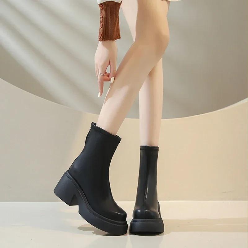 High Quality Thick Bottom Ankle Boots for Women Spring Autumn Fashion Black White Women's Shoes New High Heels Botas Para Mujer