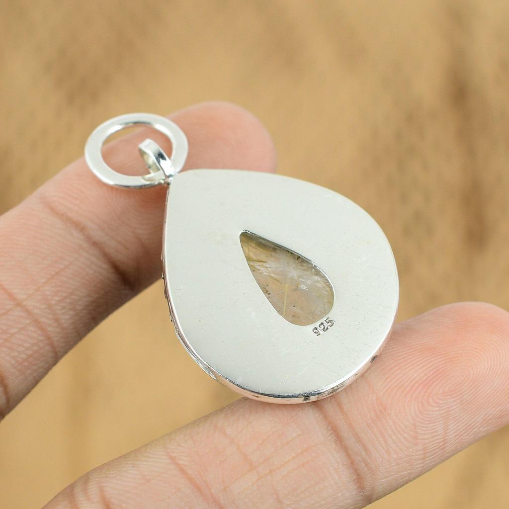 Natural Golden Rutile Gemstone Pendant 925 Sterling Silver Jewelry For Women
