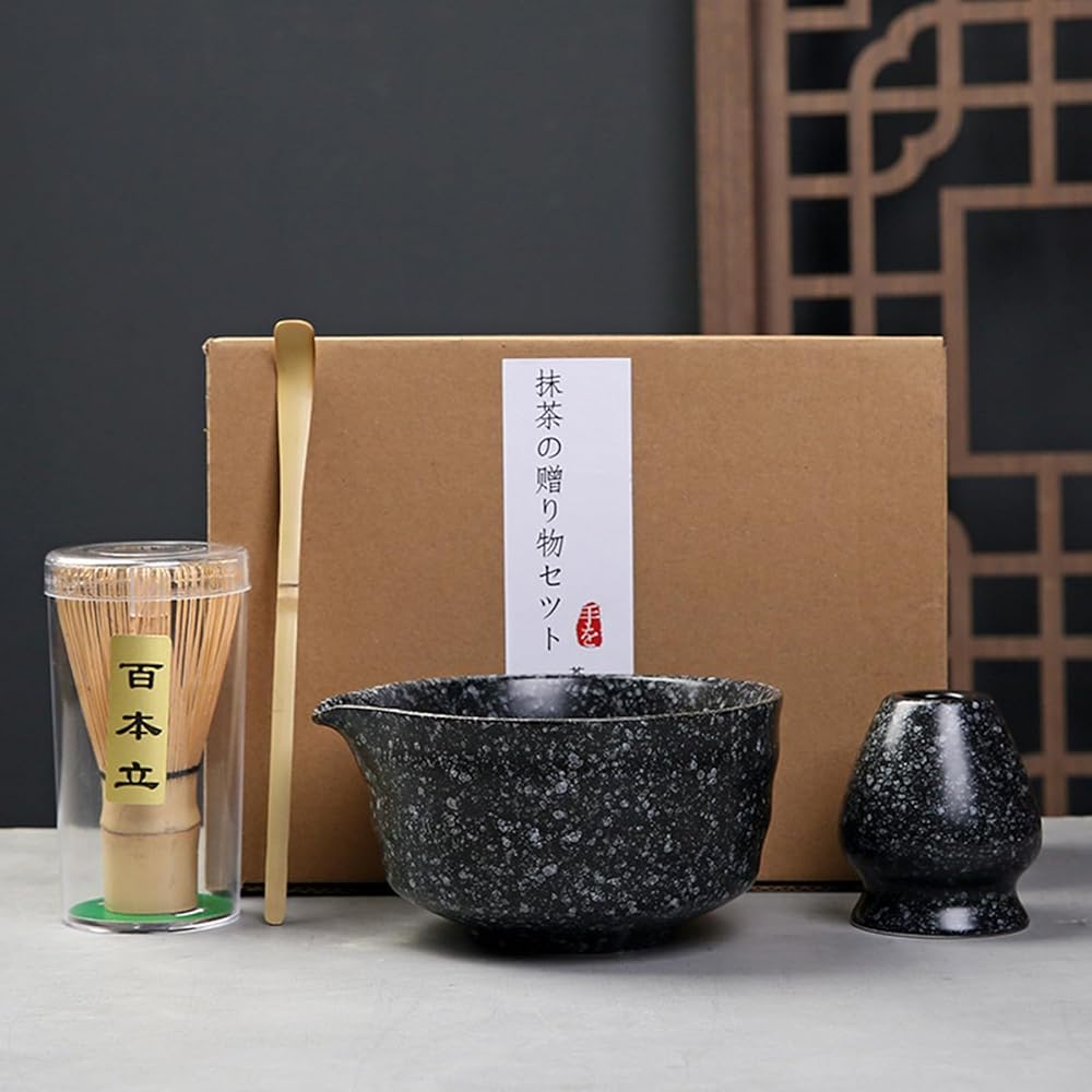 Matcha 4-Piece Set Japanese Tea Ceremony Tools Matcha Bowl Chasen Holder Chashaku Whisk Black