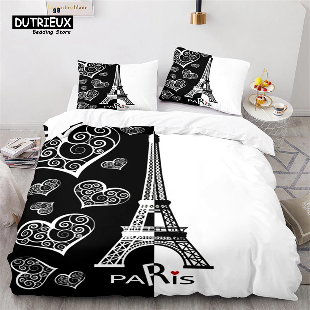 Eiffel Tower Duvet Cover Microfiber Paris Cityscape In The Clouds Bedding Set King Size For Kids Adults Romantic Comforter Cover
