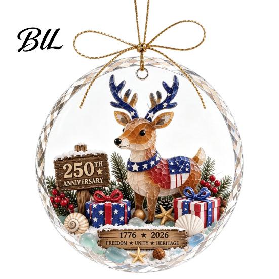 Reusable Holiday Wall Decor 250 Anniversary USA Sea Glass Christmas Ornament, 1776-2026 Patriotic Faux Crystal Texture Gift Tag Clear Keepsake,