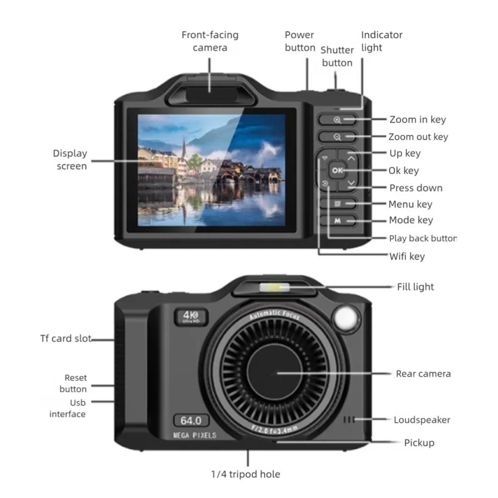 4K Digital Camera XJ600 with 64MP Dual Cameras and 18X Digital Zoom 2.8 Inch Screen with WIFI for Family Photography & Vlogging