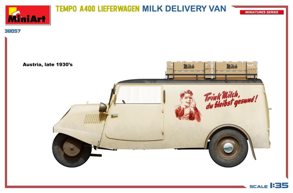 Miniart Scale Tempo A400 Reeferwagen Milk Delivery Van Plastic Model Kit MA38057 1/35