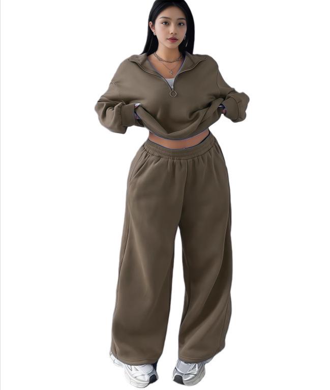 2025 Women's Casual Half-Zip Hoodie and Long Pants Set - European & American Autumn/Winter Style.