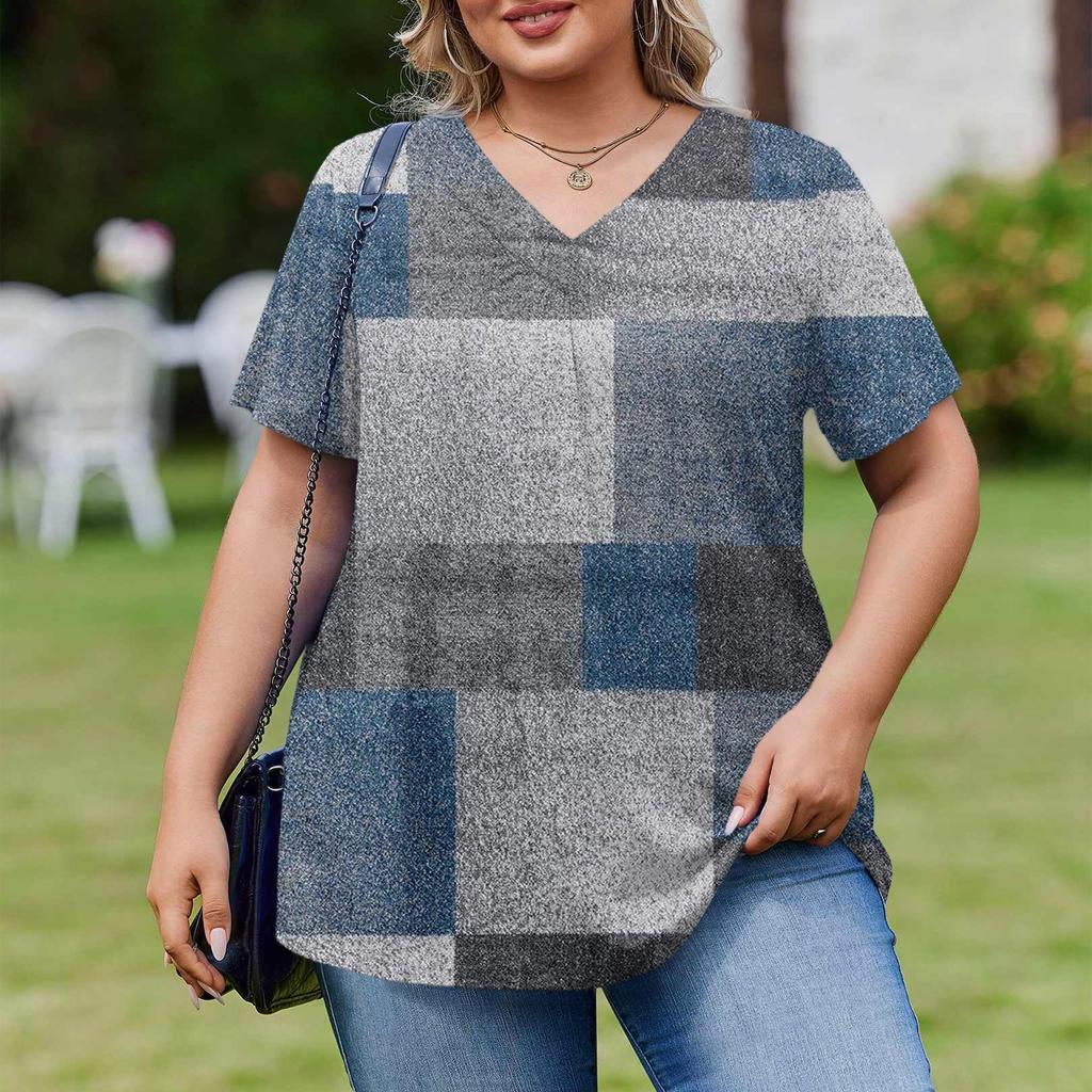 Women's Plus Size Fashionable Casual Loose-Fit Short Sleeve Elegant V Neck Blouse For Work