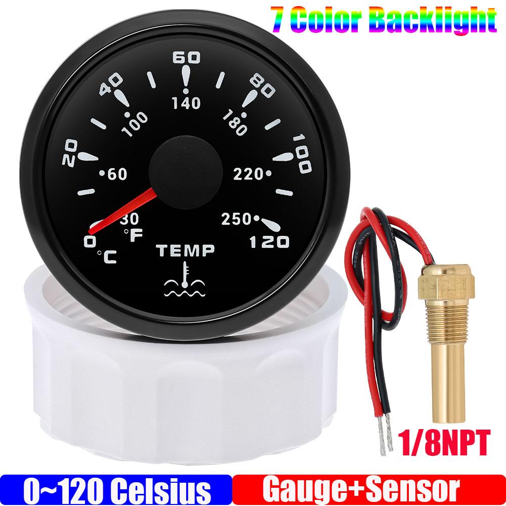 

0~120℃ датчик температуры воды + датчик 7 цветов подсветки водонепроницаемый 2 52 мм измеритель температуры воды для морского автомобиля лодки автофургона кемпера 9-32 В