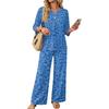 Women's Casual Leopard Print 3/4 Sleeve Button Top Wide Leg Pants Two Piece Outfit Set