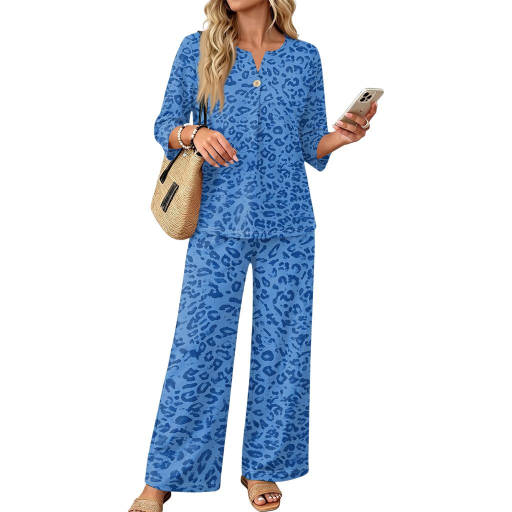 Women's Casual Leopard Print 3/4 Sleeve Button Top Wide Leg Pants Two Piece Outfit Set