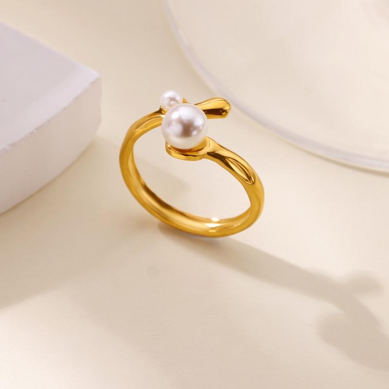 Design sense Double layer micro zircon pearl ring Flower personality lucky opening ring
