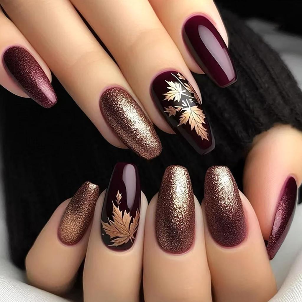 Fall Press on Nails Long Ballerina Coffin Nails Thanksgiving Maple Leaf Acrylic Glue on Nail Glossy Autumn Gold Maple Leaves Fake Nail for Women DIY