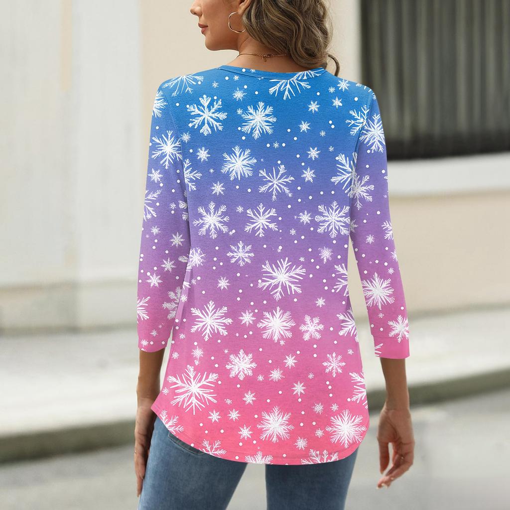 Women's T Shirt Christmas Print Button 3/4 Sleeve Daily Weekend Fashion Basic V- Neck Regular Top
