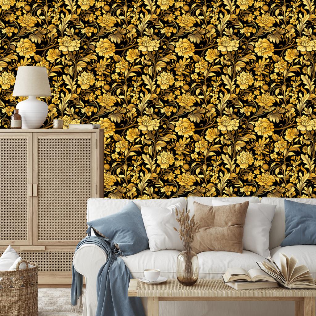 Golden Hibiscus Wallpaper, Ochre Background, Ochre Center, 50x1000