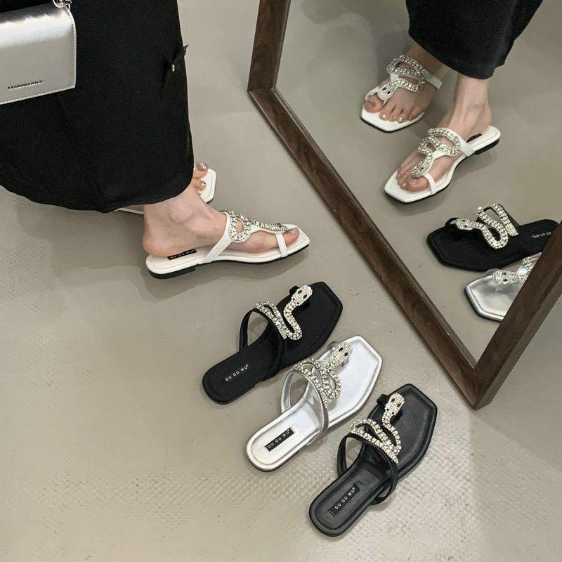

Recommended 2025 summer new rhinestone snakehead fairy pinch flip-flops French beautiful open-toed flat-bottomed slippers 40 серебряный