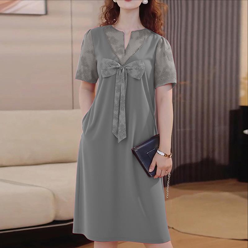 ZANZEA Elegant Womens Casual Round Neck Short Sleeve Splice Dress M серый
