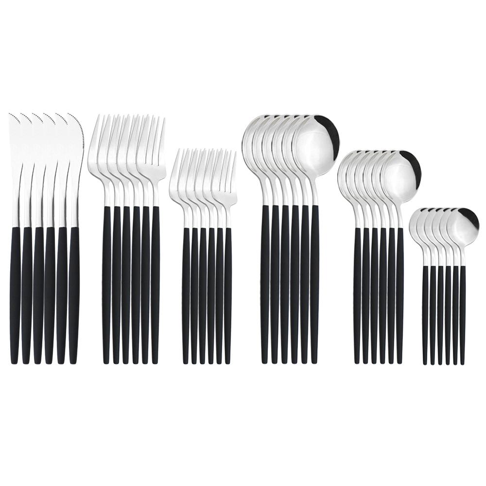 36Pcs Black Gold Cutlery Set Knives Dessert Fork Coffee Spoon Dinnerware Flatware Stainless Steel Silverware Party Tableware Set