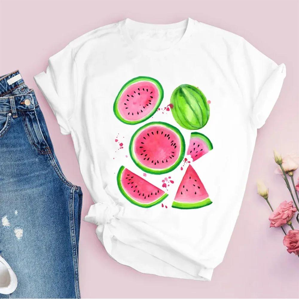 Watercolor Watermelon Fruit Cartoon Graphic Women Summer Fashion Fun Print Women Cotton T-shirt  Loose Y2K Relaxed Top T-Shirt